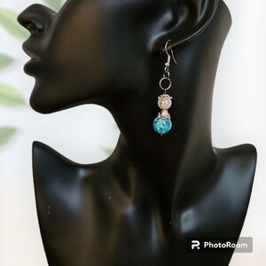 3/$30 HANDMADE Aquamarine Crackle Glass Beaded Dangle Hook Mermaidcore Earrings